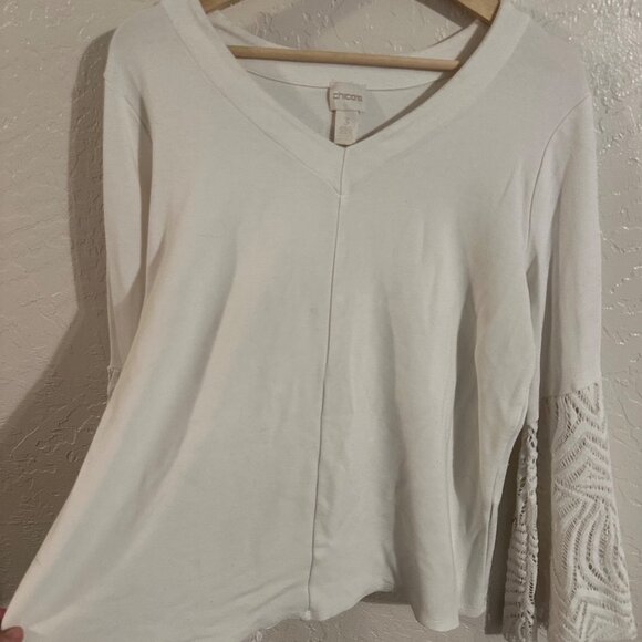 Chico’s Plus Size Ivory Knit Lace V Neck Trumpet Bell Sleeved Sweater Blouse - Picture 4 of 8